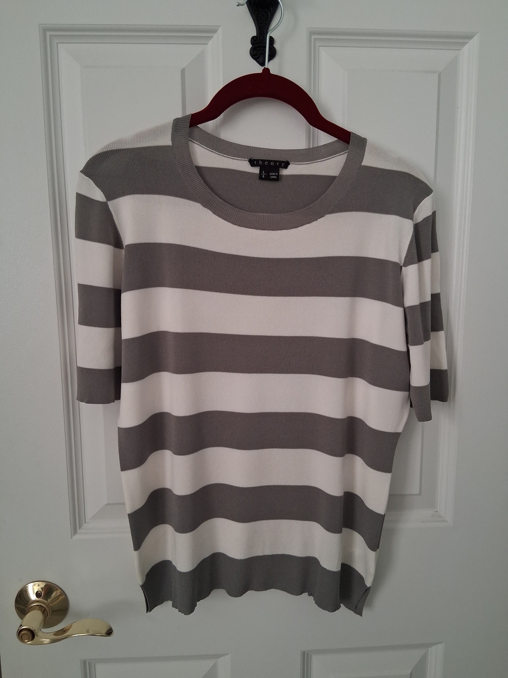 Theory Gray and White Striped Crewneck Sweater